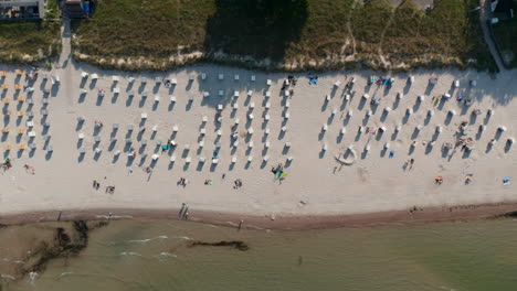 Aerial-birds-eye-overhead-top-down-view-of-tourist-beach-in-Scharbeutz,-Germany,-with-beach-chairs-and-people-sunbathing,-sideways,-sunny-day